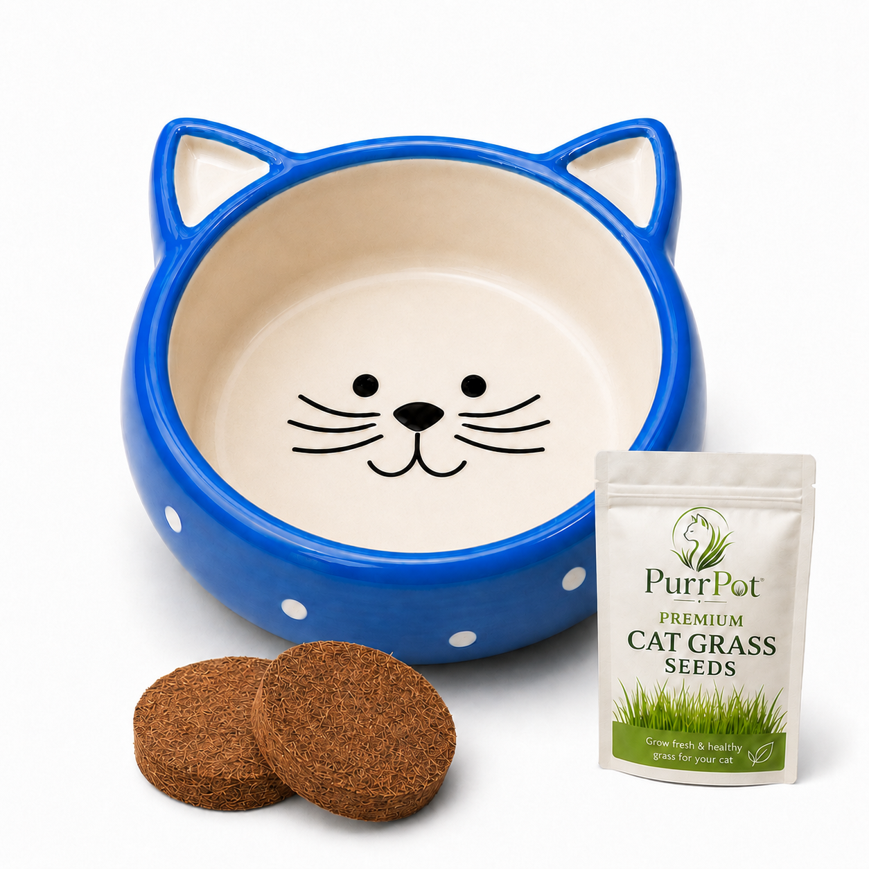 Cat Grass Growing Kit – Ceramic Bowl with Premium Seeds & Coconut Coir