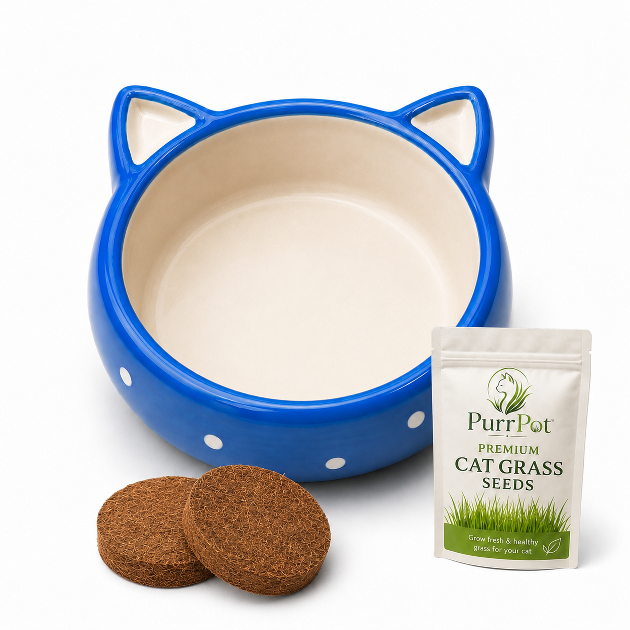 Cat Grass Growing Kit – Ceramic Bowl with Premium Seeds & Coconut Coir